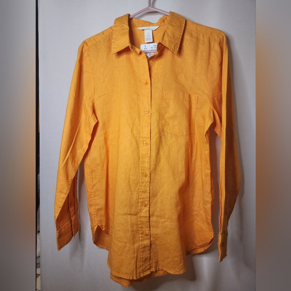NWT Linen Cotton Button Down shirt, orange, bright, with collar - Picture 1 of 5